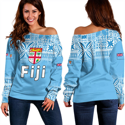 Fiji Off Shoulder Sweatshirt Coat Of Arms Pattern Traditional Style