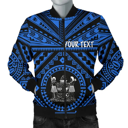 Fiji Personalised Bomber Jacket - Fiji Seal With Polynesian Tattoo Style (Blue)