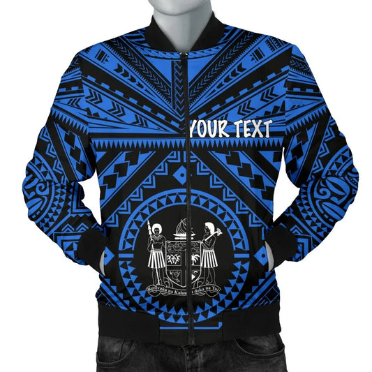 Fiji Personalised Bomber Jacket - Fiji Seal With Polynesian Tattoo Style (Blue)