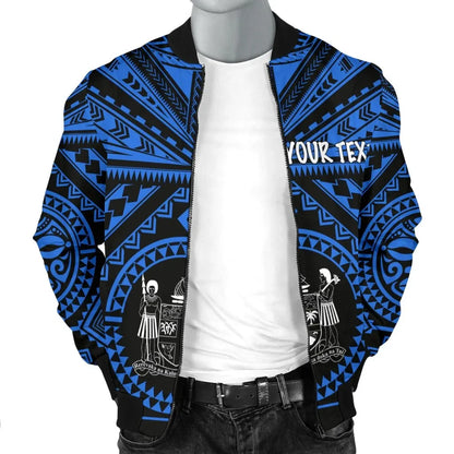 Fiji Personalised Bomber Jacket - Fiji Seal With Polynesian Tattoo Style (Blue)