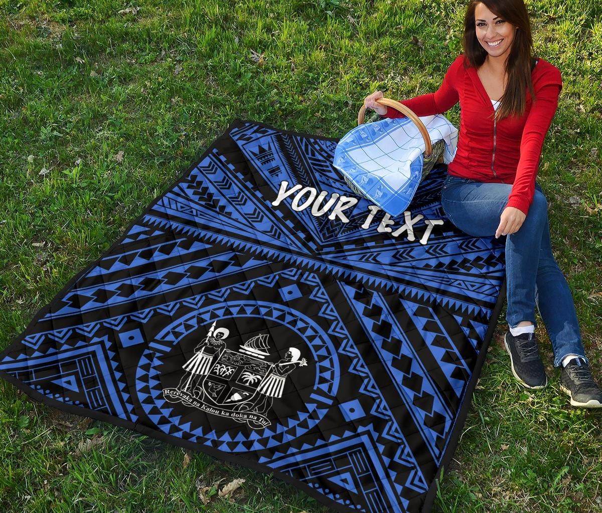 Fiji Personalised Premium Quilt - Fiji Seal With Polynesian Tattoo Style ( Blue)