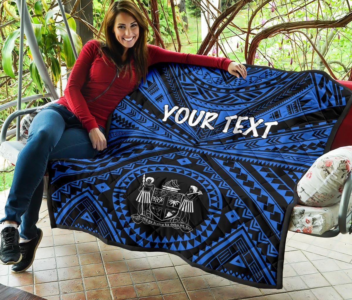 Fiji Personalised Premium Quilt - Fiji Seal With Polynesian Tattoo Style ( Blue)