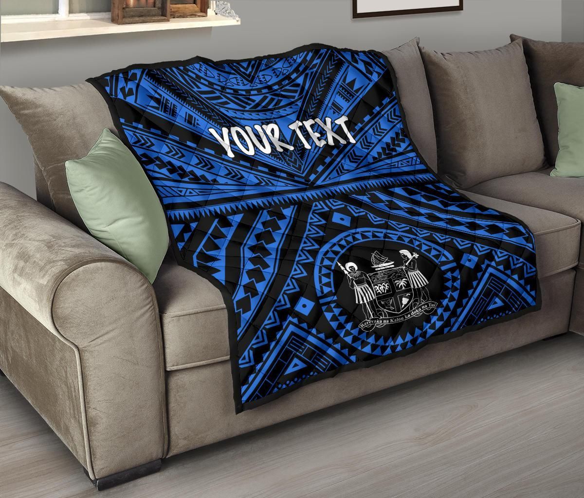 Fiji Personalised Premium Quilt - Fiji Seal With Polynesian Tattoo Style ( Blue)