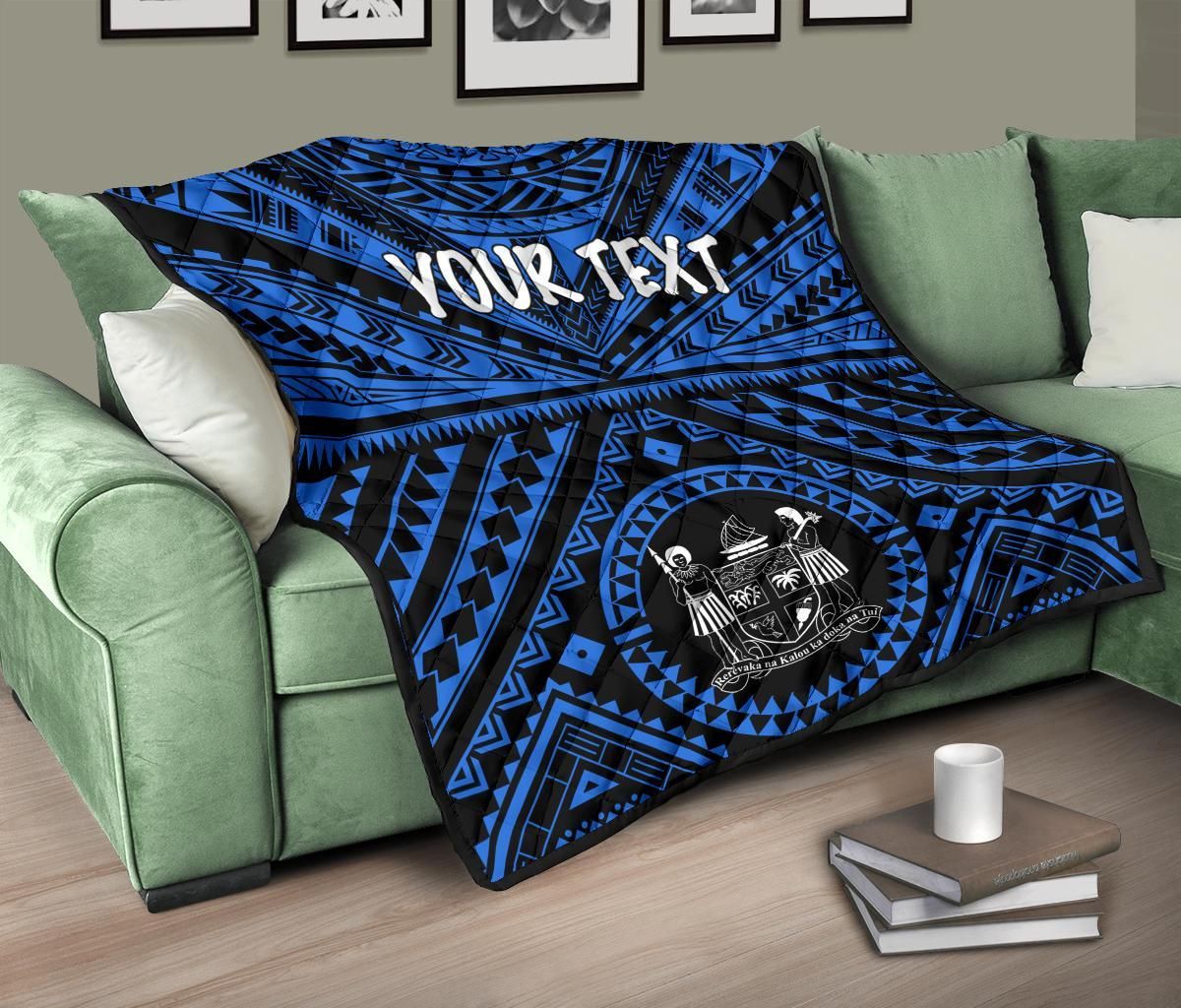 Fiji Personalised Premium Quilt - Fiji Seal With Polynesian Tattoo Style ( Blue)