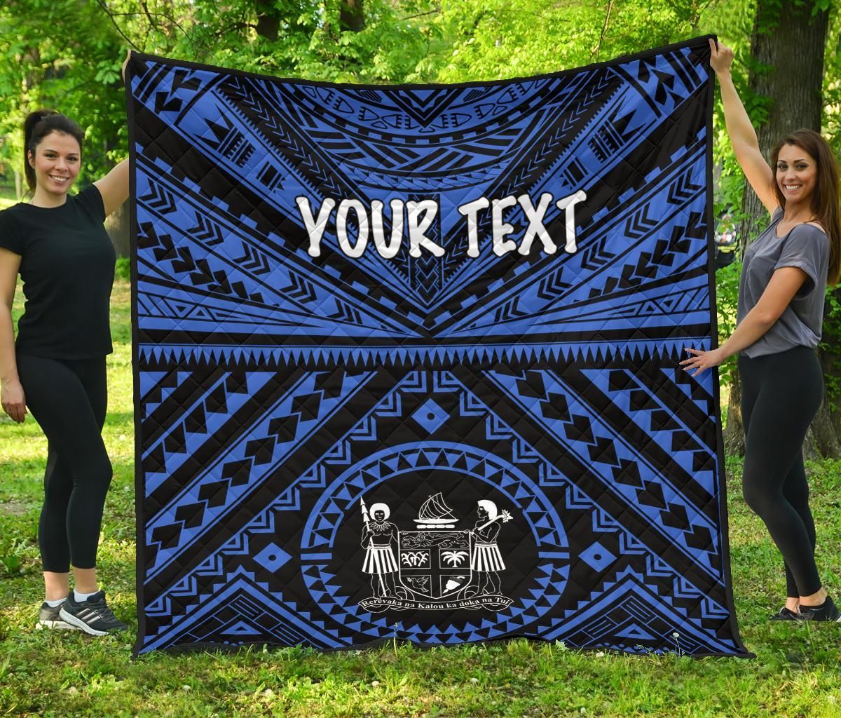 Fiji Personalised Premium Quilt - Fiji Seal With Polynesian Tattoo Style ( Blue)
