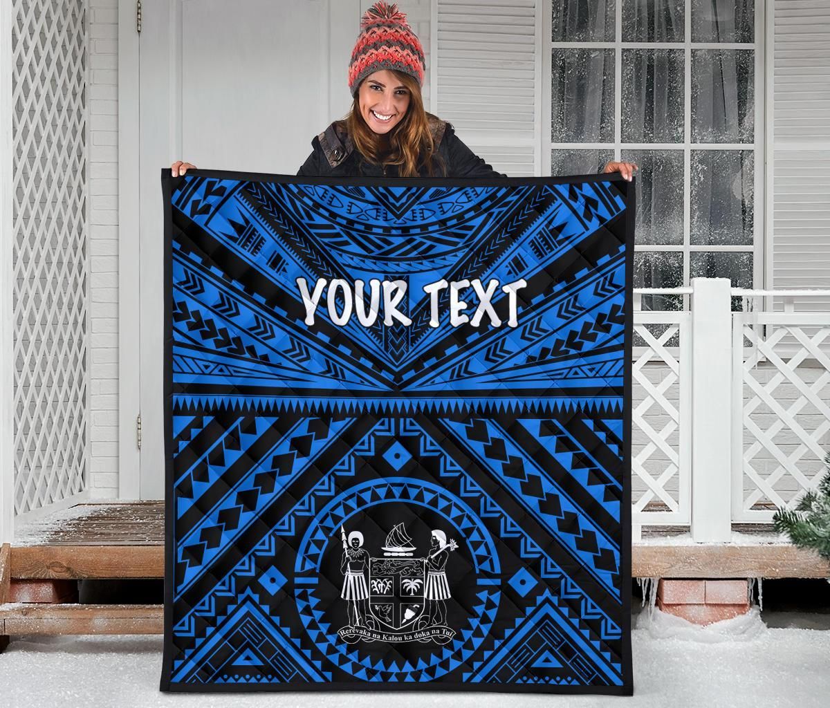 Fiji Personalised Premium Quilt - Fiji Seal With Polynesian Tattoo Style ( Blue)
