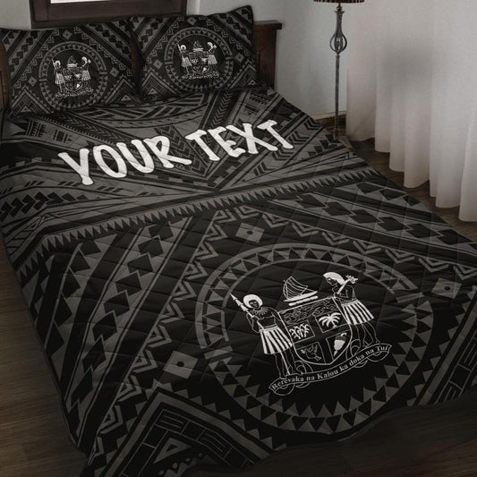 Fiji Personalised Quilt Bed Set - Fiji Seal With Polynesian Tattoo Style ( Black)