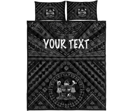 Fiji Personalised Quilt Bed Set - Fiji Seal With Polynesian Tattoo Style ( Black)