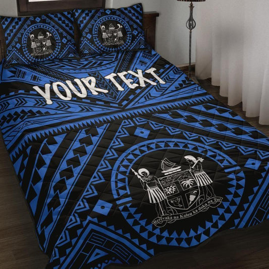 Fiji Personalised Quilt Bed Set - Fiji Seal With Polynesian Tattoo Style ( Blue)