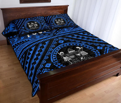 Fiji Personalised Quilt Bed Set - Fiji Seal With Polynesian Tattoo Style ( Blue)