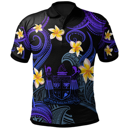 Fiji Polo Shirt - Custom Personalised Polynesian Waves with Plumeria Flowers (Blue)