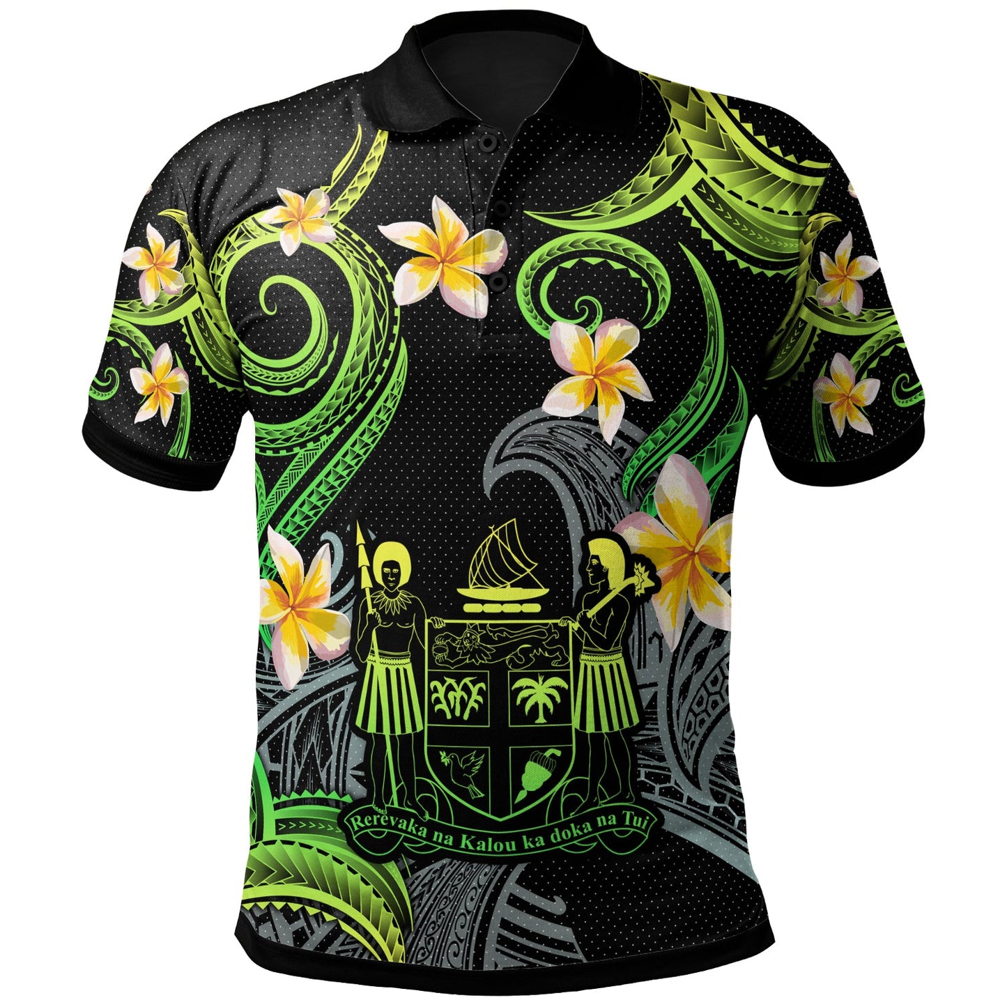 Fiji Polo Shirt - Custom Personalised Polynesian Waves with Plumeria Flowers (Green)