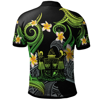 Fiji Polo Shirt - Custom Personalised Polynesian Waves with Plumeria Flowers (Green)