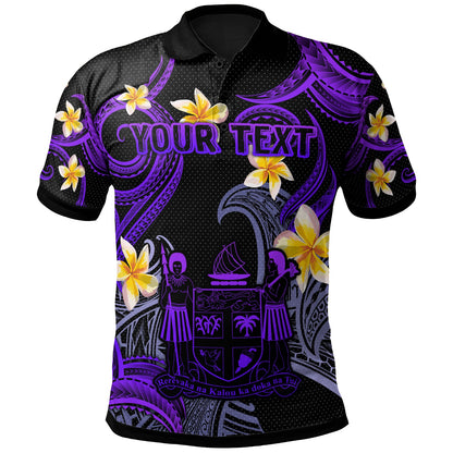Fiji Polo Shirt - Custom Personalised Polynesian Waves with Plumeria Flowers (Purple)