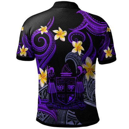 Fiji Polo Shirt - Custom Personalised Polynesian Waves with Plumeria Flowers (Purple)