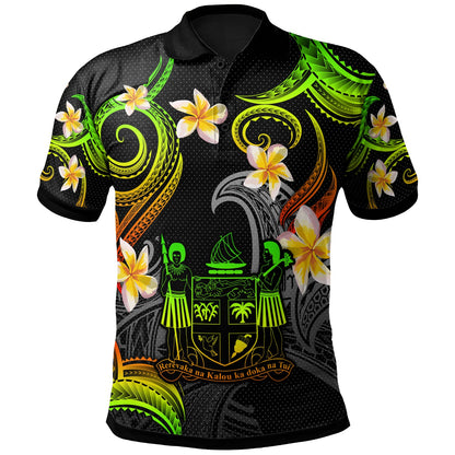 Fiji Polo Shirt - Custom Personalised Polynesian Waves with Plumeria Flowers (Reggae)