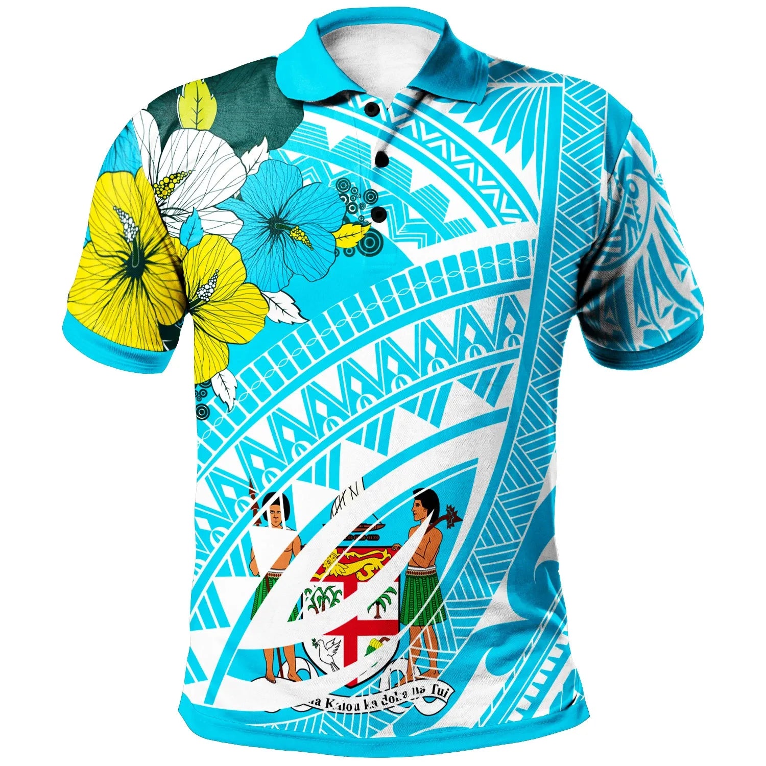 Fiji Polo Shirt - Polynesian Pattern Aquamarine Stone Color