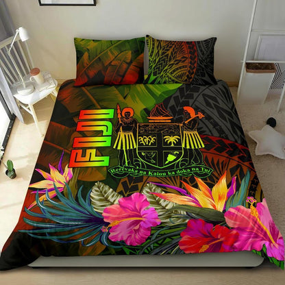 Fiji Polynesian Bedding Set - Hibiscus And Banana Leaves