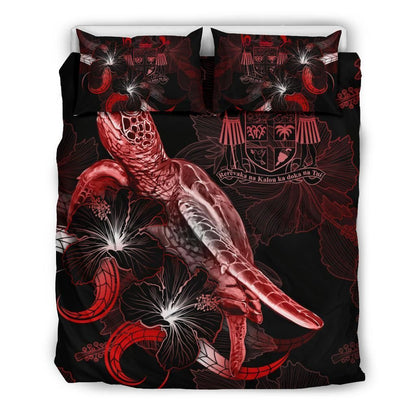 Fiji Polynesian Bedding Set - Turtle With Blooming Hibiscus Red