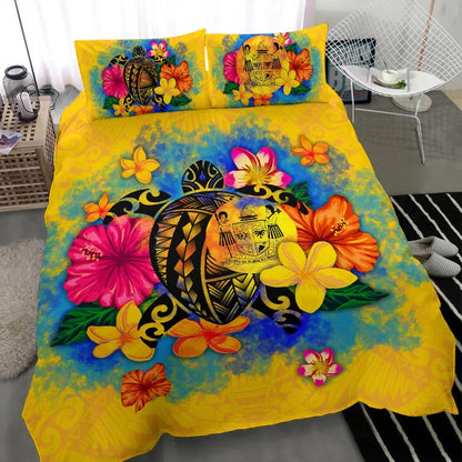 Fiji Polynesian Bedding Set - Turtle With Plumeria And Hibiscus