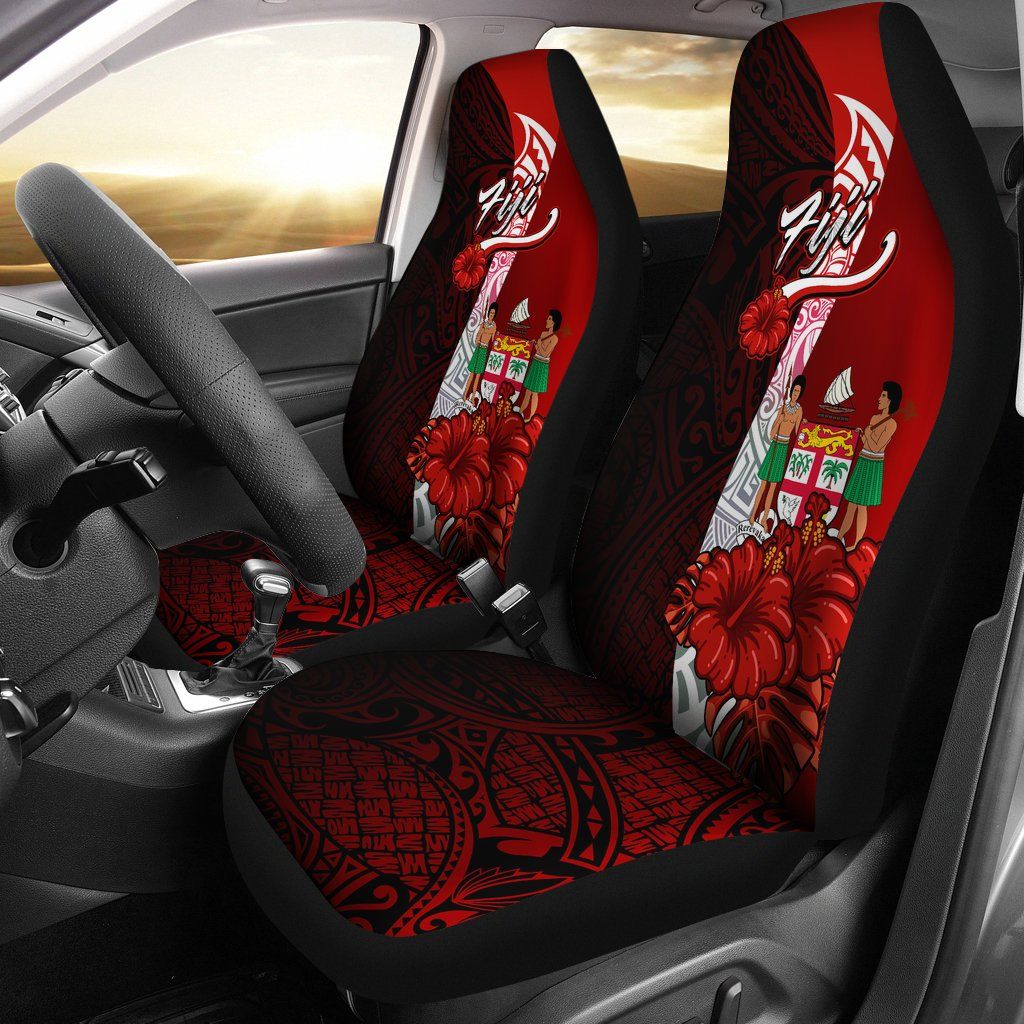 Fiji Polynesian Car Seat Covers - Coat Of Arm With Hibiscus