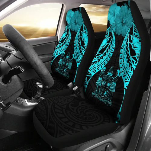 Fiji Polynesian Car Seat Covers Pride Seal And Hibiscus Neon Blue