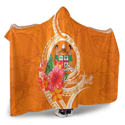 Fiji Polynesian Custom Personalised Hooded Blanket - Orange Floral With Seal
