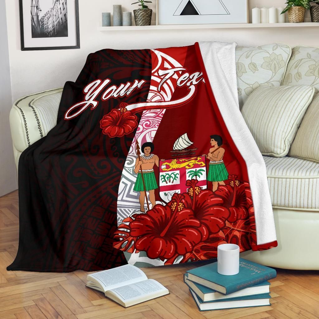 Fiji Polynesian Custom Personalised Premium Blanket - Coat Of Arm With Hibiscus