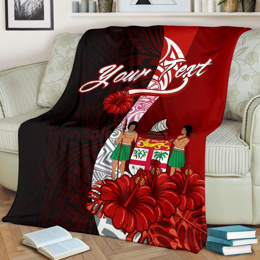 Fiji Polynesian Custom Personalised Premium Blanket - Coat Of Arm With Hibiscus