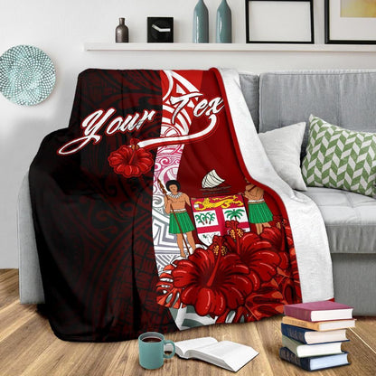 Fiji Polynesian Custom Personalised Premium Blanket - Coat Of Arm With Hibiscus