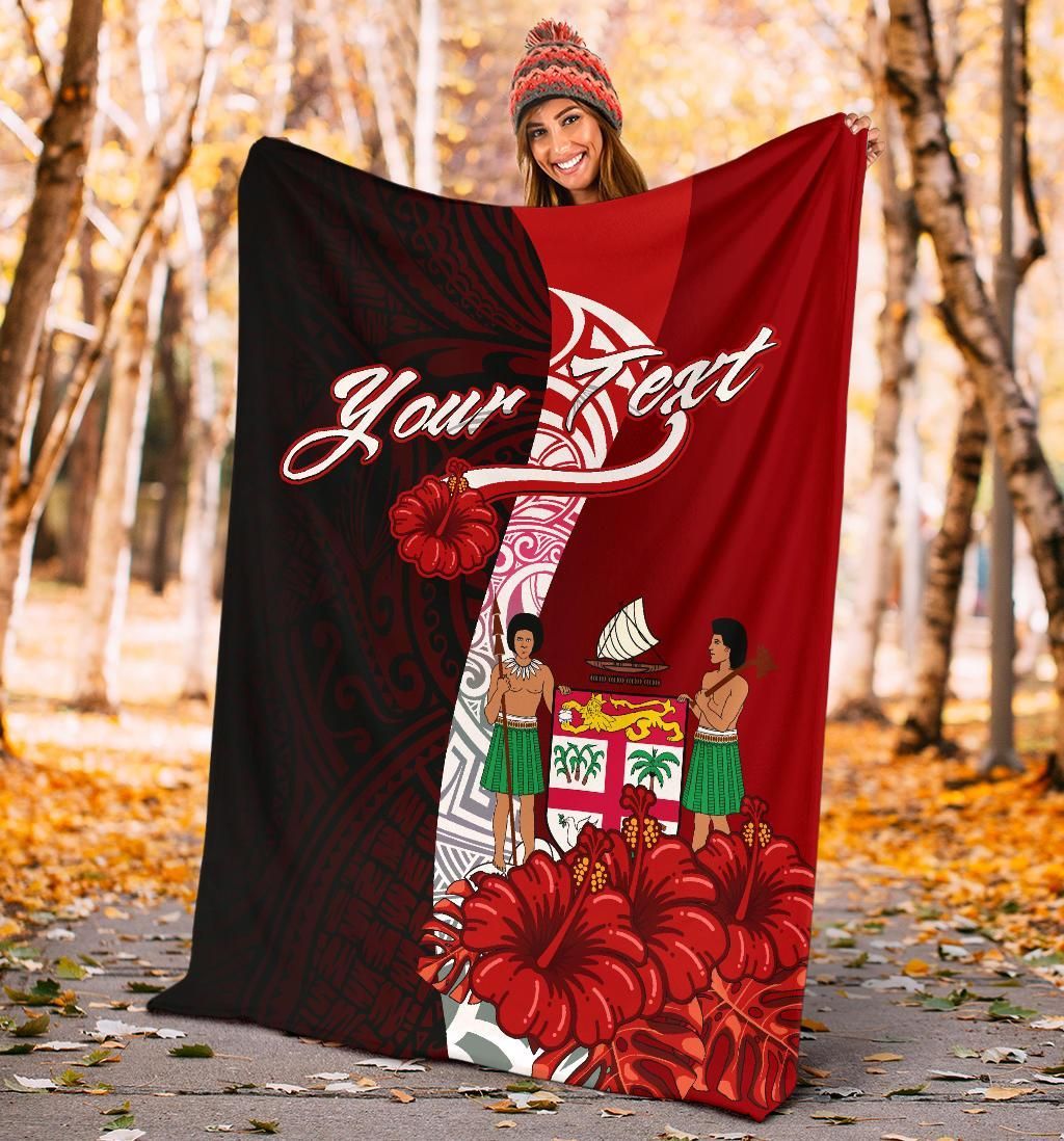 Fiji Polynesian Custom Personalised Premium Blanket - Coat Of Arm With Hibiscus