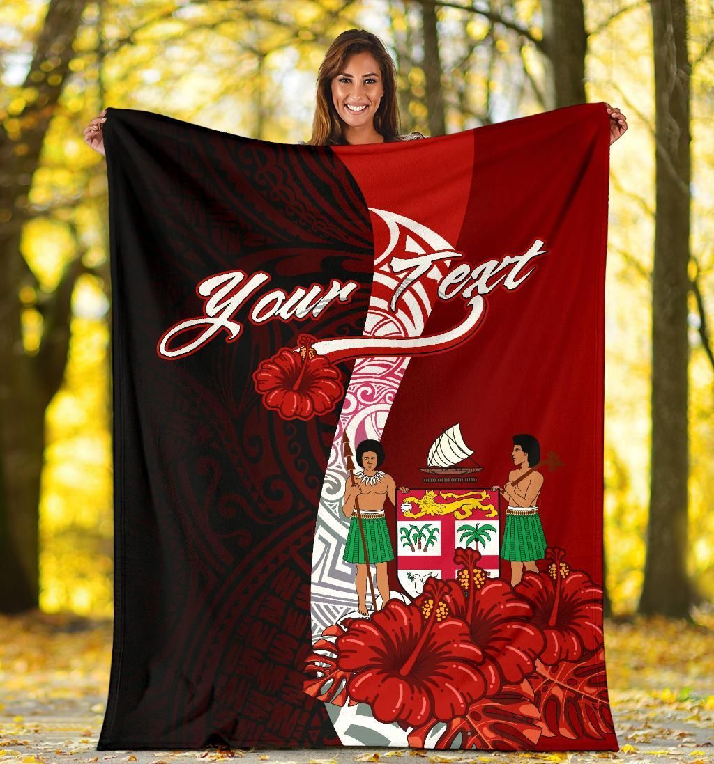 Fiji Polynesian Custom Personalised Premium Blanket - Coat Of Arm With Hibiscus