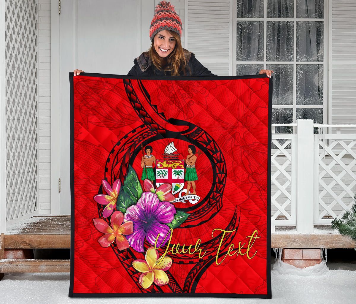 Fiji Polynesian Custom Personalised Premium Quilt - Floral With Seal Red