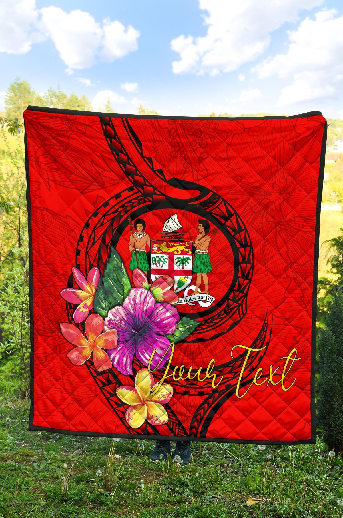 Fiji Polynesian Custom Personalised Premium Quilt - Floral With Seal Red