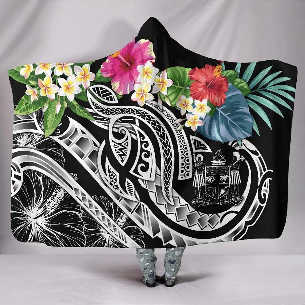 Fiji Polynesian Hooded Blanket - Summer Plumeria (Black)