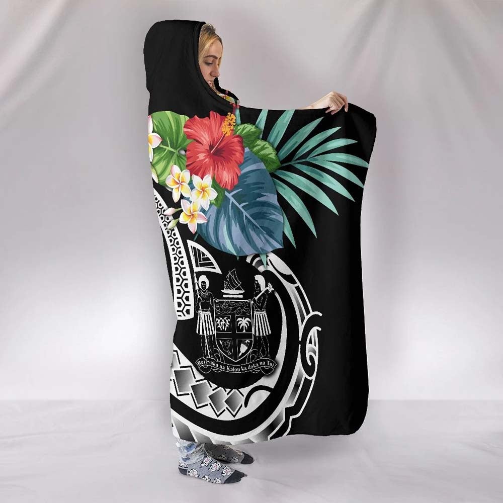 Fiji Polynesian Hooded Blanket - Summer Plumeria (Black)