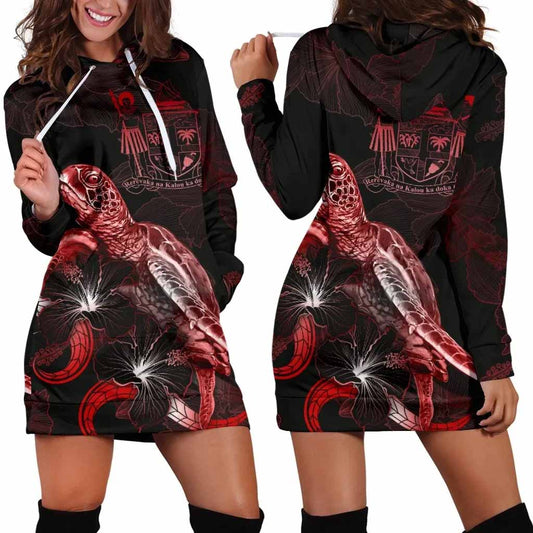 FiJi Polynesian Hoodie Dress - Turtle With Blooming Hibiscus Red