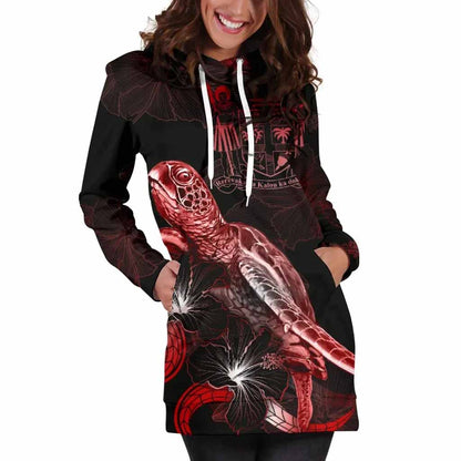 FiJi Polynesian Hoodie Dress - Turtle With Blooming Hibiscus Red