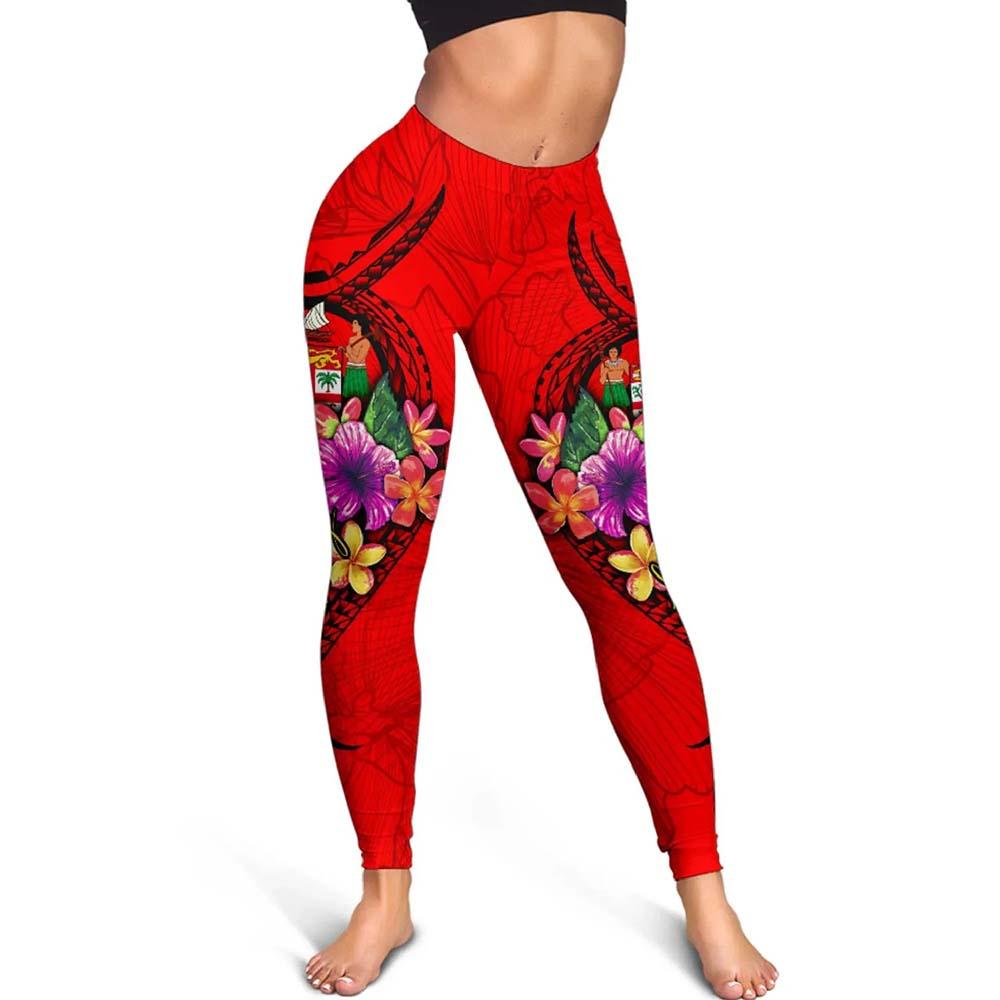 Fiji Polynesian Legging - Floral With Seal Red
