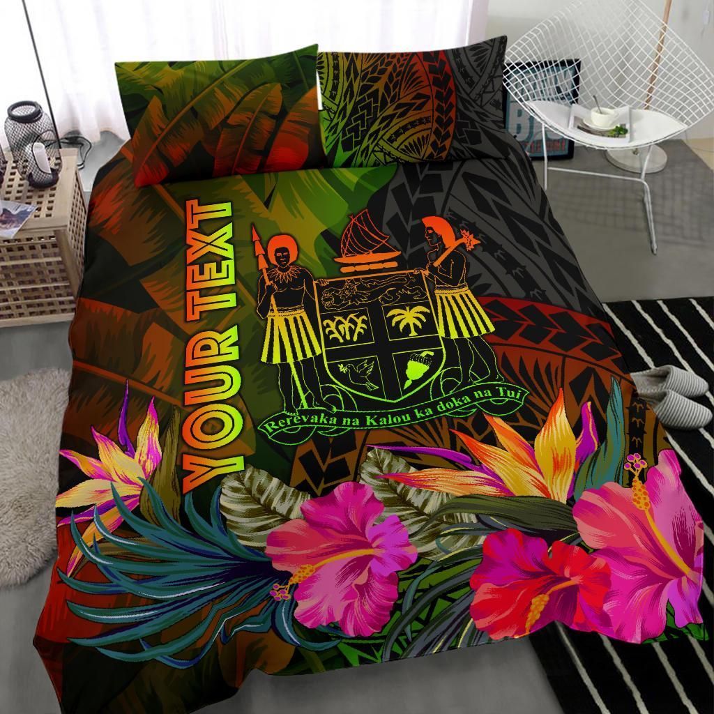 Fiji Polynesian Personalised Bedding Set - Hibiscus And Banana Leaves