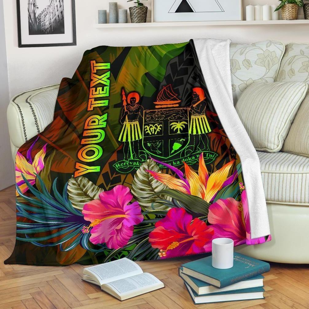 Fiji Polynesian Personalised Premium Blanket -  Hibiscus and Banana Leaves