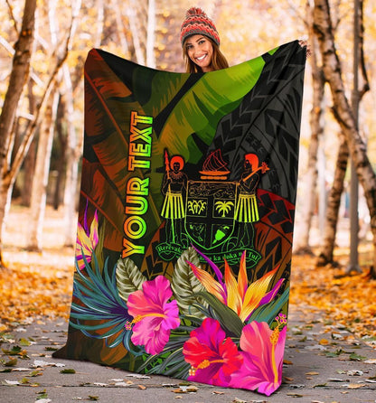 Fiji Polynesian Personalised Premium Blanket -  Hibiscus and Banana Leaves