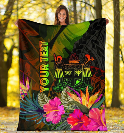 Fiji Polynesian Personalised Premium Blanket -  Hibiscus and Banana Leaves