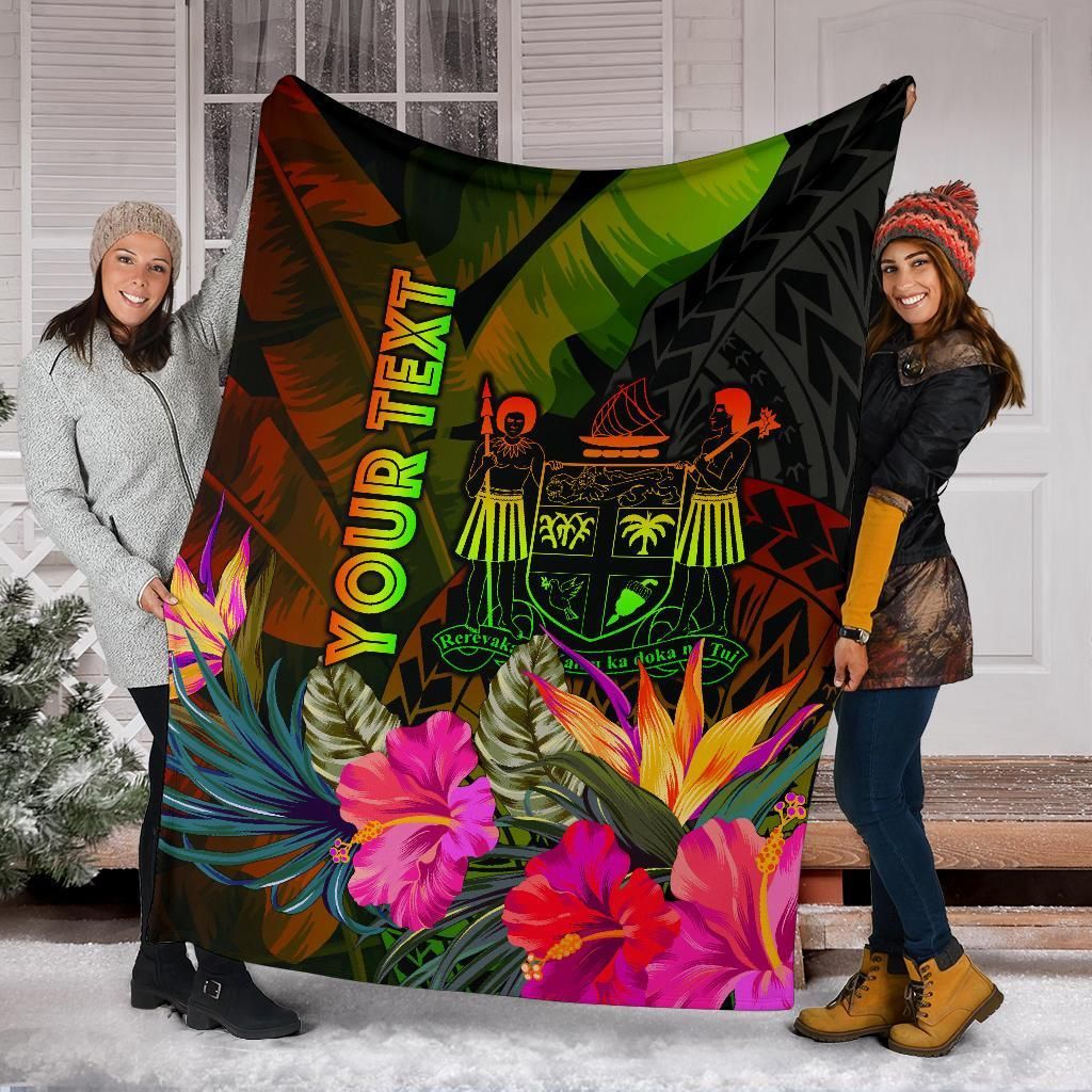 Fiji Polynesian Personalised Premium Blanket -  Hibiscus and Banana Leaves