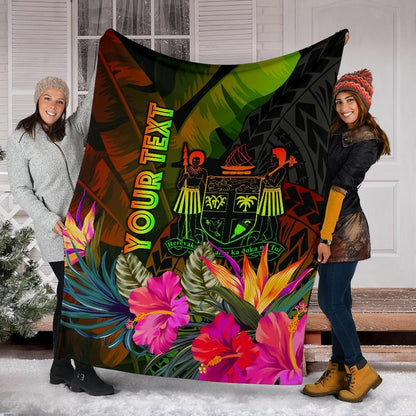 Fiji Polynesian Personalised Premium Blanket -  Hibiscus and Banana Leaves