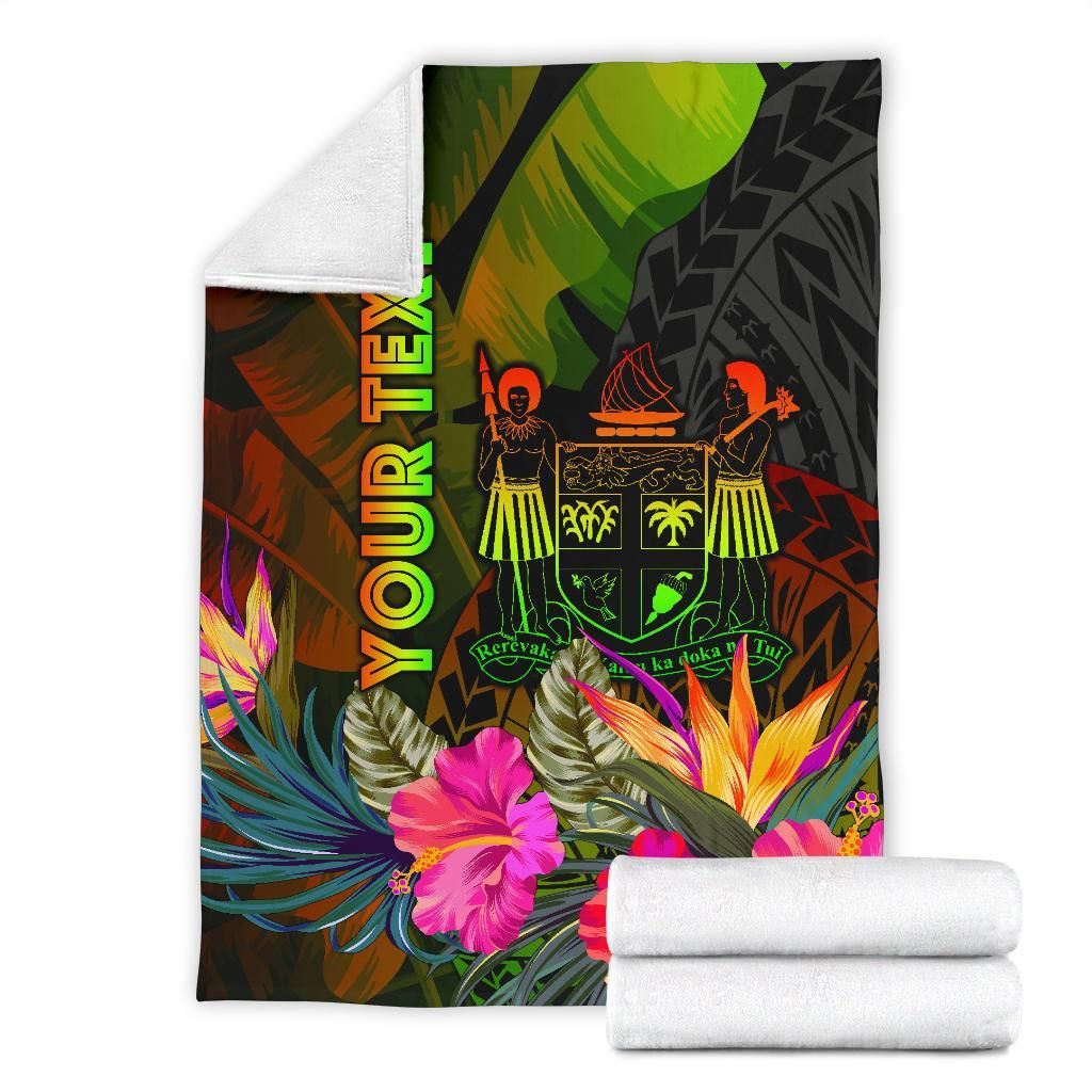 Fiji Polynesian Personalised Premium Blanket -  Hibiscus and Banana Leaves