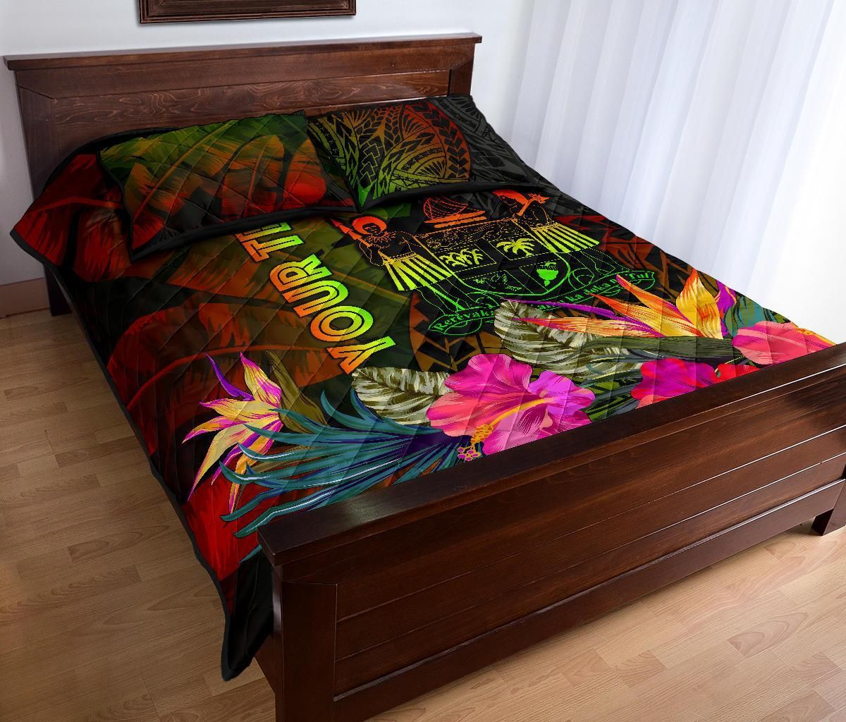 Fiji Polynesian Personalised Quilt Bed Set - Hibiscus and Banana Leaves