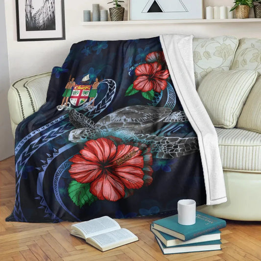 Fiji Polynesian Premium Blanket - Blue Turtle Hibiscus