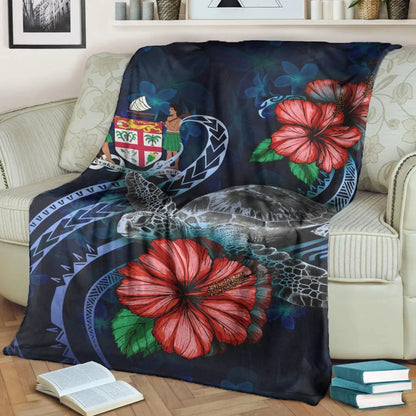 Fiji Polynesian Premium Blanket - Blue Turtle Hibiscus