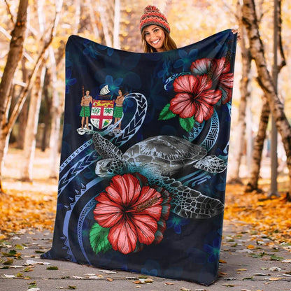 Fiji Polynesian Premium Blanket - Blue Turtle Hibiscus